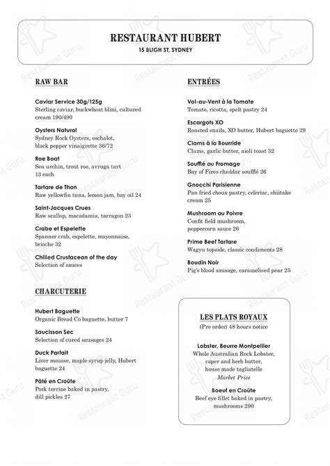 restaurant hubert menu sydney